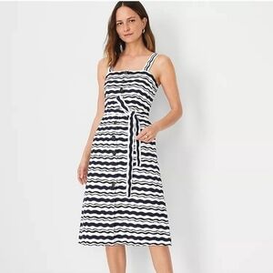 NWT Ann Taylor Petite Wave Strappy Flare Belted Dress Navy Blue & White SM P
